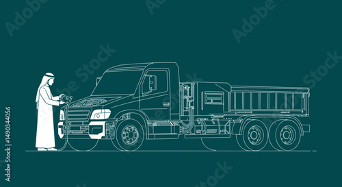 Arab Man Beside A Truck With White Silhouette On Teal Backdrop