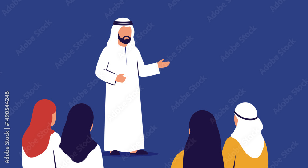 Obraz premium Arab Man Giving Presentation To A Group Of People In Traditional Attire Against Blue Background