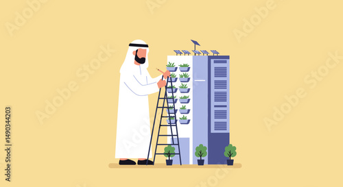 Arab Man Gardening Vertical Garden With Plants And Ladder On Yellow Background