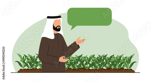 Arab Man Gesturing In Green Field Talking with Speech Bubble in Flat Style
