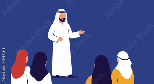 Arab Man Giving Presentation To A Group Of People In Traditional Attire Against Blue Background