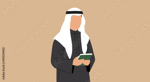 Arab Man in Traditional Attire Holding a Book Against a Beige Background in a Studio Portrait