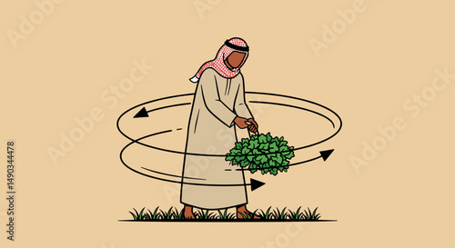 Arab Man in Traditional Attire Rotating Green Vegetation Against Brown Field Background with Circular Arrows