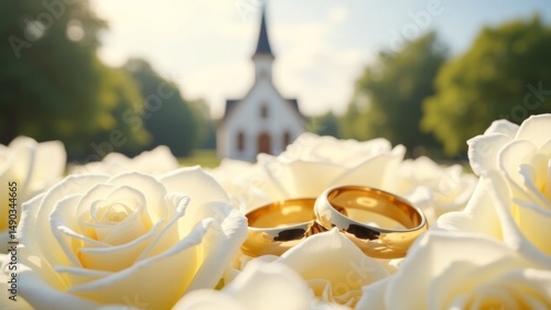 Romantic wedding scene with two gold rings nestled in white roses, a blurred church in the background. Love, marriage, and commitment.