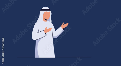 Arab Man In Traditional White Attire With Open Hands Posing Isolated On Blue Background Showing Arab Culture