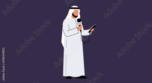 Arab Man in Traditional White Garb Speaking into Microphone Holding Smartphone in Simplified Illustration with Dark Purple Background