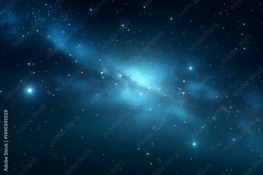 Naklejka premium Vast cosmic scene with swirling blue nebula and bright stars, perfect for themes of exploration and wonder in space.