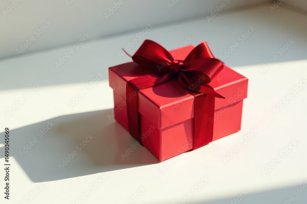 Fototapeta premium A Crimson Gift Box Adorned with a Rich Red Ribbon, Basking in Sunlight on a Pristine White Surface