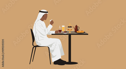 Arab Man in White Attire Sits and Eats at a Table with Food and Drinks on a Brown Background