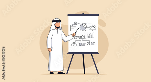 Arab Man in White Garb Presenting on Whiteboard with Diagram on Beige Background