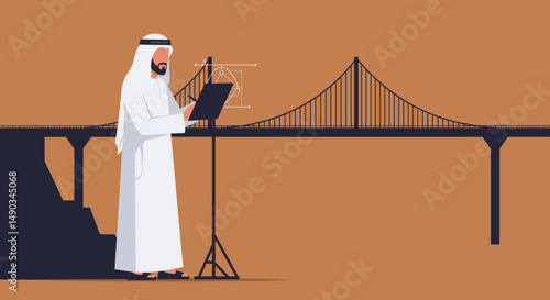 Arab Man in White Garb Reading Tablet with Bridge Silhouette in a Warm Brown Backdrop
