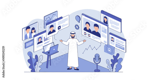 Arab Man In White Robe Leading Online Meeting with Various Digital Screens Displaying People Profiles and Charts