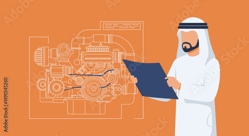 Arab Man in White Robes Reading a Blueprint Against an Orange Background