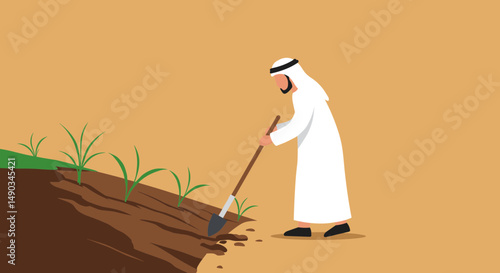 Arab Man In White Traditional Clothing Digs Soil With Shovel In Rural Field with Green Plants under Bright Sunny Day