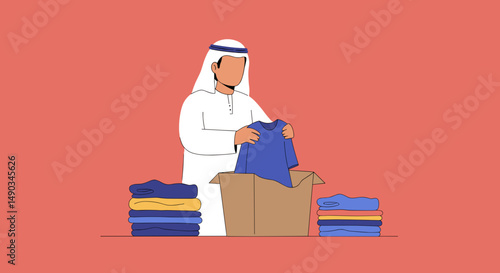 Arab Man Sorting Folded Clothing in Cardboard Box with Stacked Garments on Red Background Flat Illustration