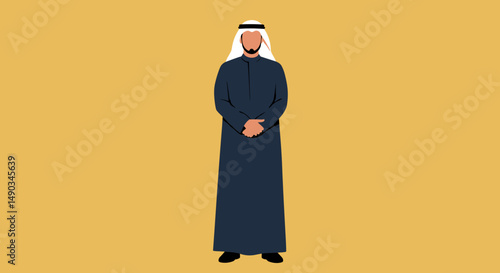 Arab Man Standing In Traditional Dark Blue Robe and White Headdress on Golden Yellow Background
