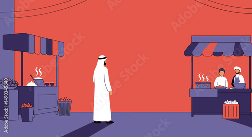 Arab Man Standing In Pixelated Street Market With Red And Purple Hues Underneath Steam Rising From Food Vendors