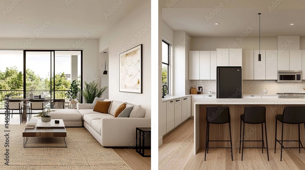 Modern open-concept living room and kitchen with minimalist decor, natural light, and stylish furnishings. Modern open-concept living room and kitchen with minimalist decor, natural light, and stylish furnishings.