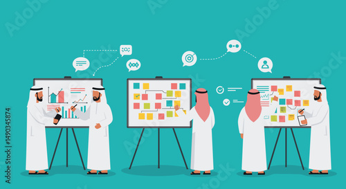 Arab Men In Traditional White Dress Presenting Project Plans On Whiteboards In Cyan Background