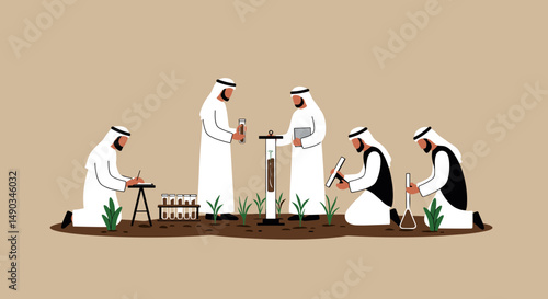 Arab Scientists Conduct Experiment On Soil In Brown Field with Green Plants and White Outfit