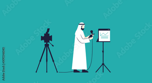 Arab Speaker Delivering Presentation With Microphone And Display Screen In Pixelated Style
