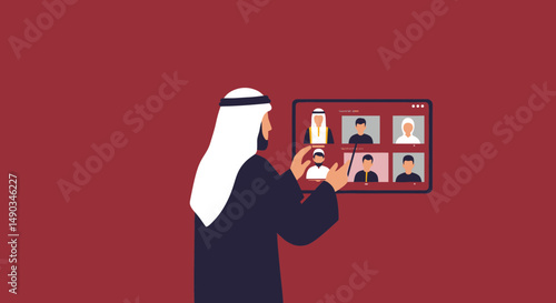 Arabian Man in Traditional Attire Using Tablet for Online Business Conference on Burgundy Background