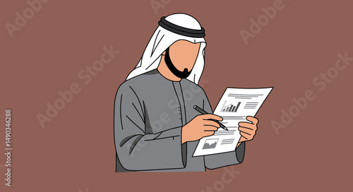 Arabian Man In Traditional Attire Writing On Paper Documents Against Brown Background Simple Minimalist Illustration