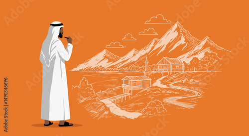 Arabian Man Thinking About Mountain Peaks And Dreamy Pixel Art In An Orange Background