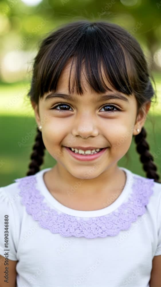 A young girl with braided hair smiles brightly in a sunlit park A young girl with braided hair smiles brightly in a sunlit park