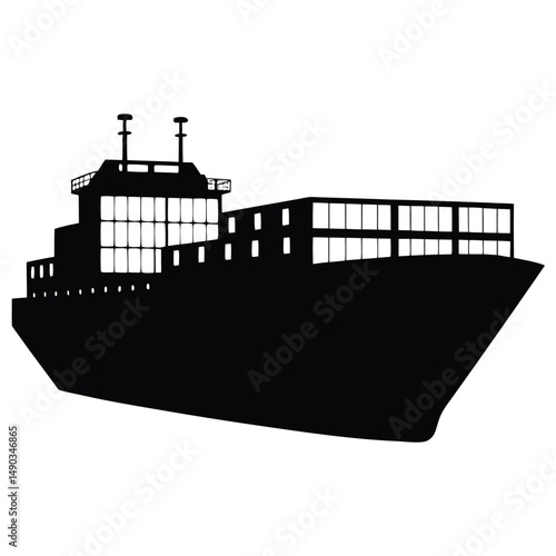 a silhouette of a large cargo ship with containers on deck