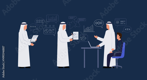 Business Meeting Scene with Arab Men in White Uniforms with Data Boards and Laptop Computer in Dark Blue Background