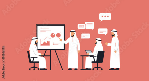 Business Meeting Presentation Showing Data Charts with Arab Men in White Uniforms on Pink Background