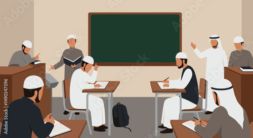 Classroom Scene Of Students With Teacher During Lesson Studying And Writing On Papers Inside The Building