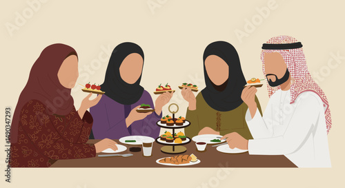 Diverse Group Of People Enjoying Meal Together At Wooden Table With Pixelated Design In Neutral Background