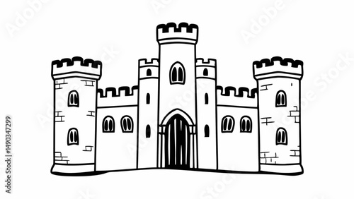 Illustration of a medieval castle with towers battlements and arched windows in black and white outline style created with generated ai