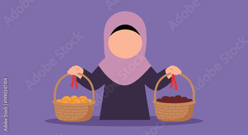 Faceless Woman Holding Two Wicker Baskets Filled With Colorful Food Against Purple Background Pixelated Illustration