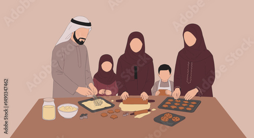 Family Baking Together In Kitchen With Brown Table Cookies And Dough Preparation