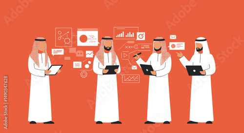 Four Men in White Attire Conducting Business with Technology on a Red Background