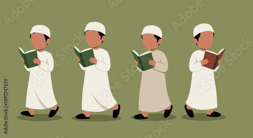 Four Pixelated Boys in Traditional Attire Walking and Reading Books on Green Background