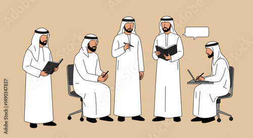 Group of Arab Businessmen in White Traditional Attire in a Formal Office Setting Discussing Business Plans and Strategies with Documents