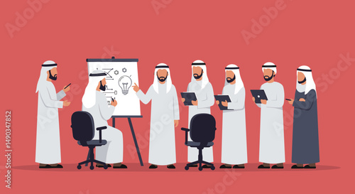 Group Of Arab Businessmen In Traditional Attire Presenting Business Plans At A Meeting In Pixel Art Style