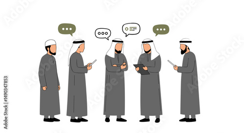 Group of Arab Businessmen in Traditional Clothes Having a Discussion with Speech Bubbles on White Background