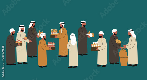 Group Of Arab Men Carrying Boxes Of Food Against Teal Background Depicting Generosity And Community Spirit