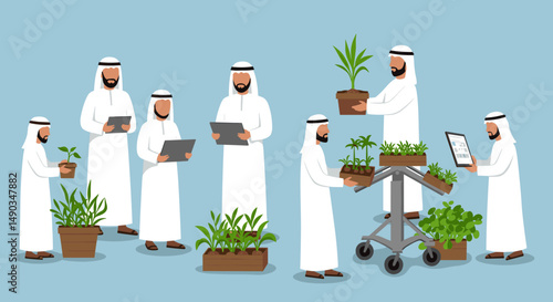 Group Of Arab Men Examining Plants In Planters Using Digital Tablets In Pixel Art Style With A Light Blue Background