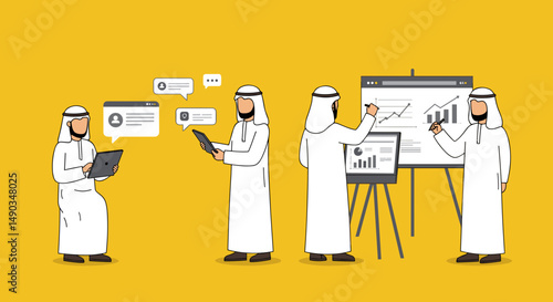 Group Of Arab Men In Traditional White Clothing Presenting On Whiteboard With Charts And Graphs