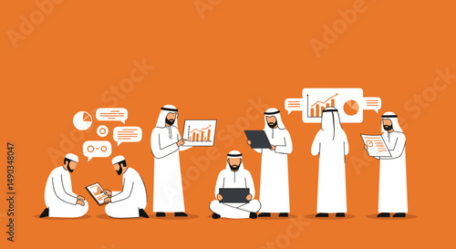 Group Of Arab Men In Traditional White Thobes Conducting Business Discussions On Orange Background Using Digital Devices