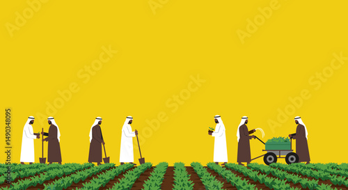 Group Of Arab Men Working In A Field Under The Bright Yellow Sky Cultivating Crops With Green Rows Of Plants Pixel Art Style