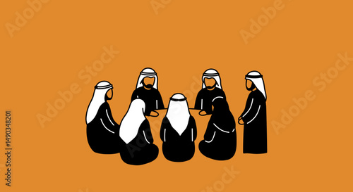 Group of Arabian Men in Traditional White Headwear and Black Robes during a Meeting on Brown Background