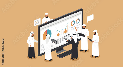 Group Of Arabic Men Analyzing Data On A Computer Screen With Statistical Graphs And Charts On A Brown Background