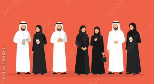 Group Of Arabs In Traditional Garb Standing On Red Background With Pixel Art Style